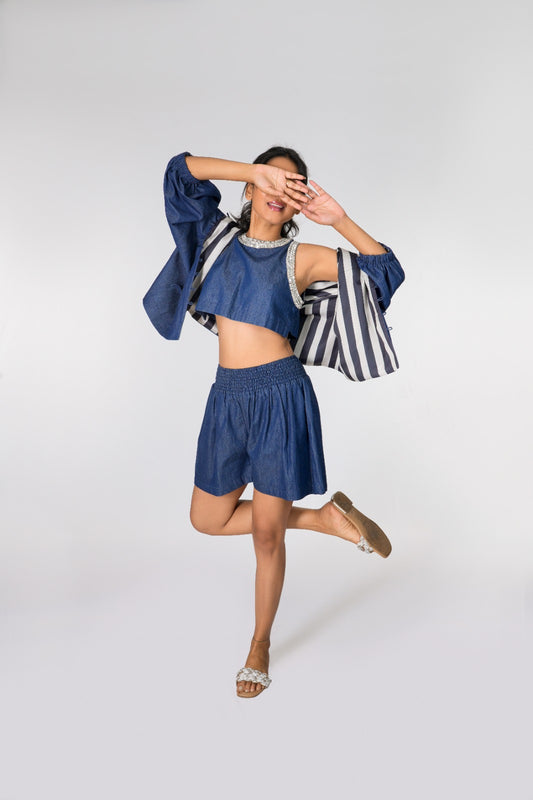 THE REVERSIBLE JACKET X EMBELLISHED CROP X DENIM SHORTS