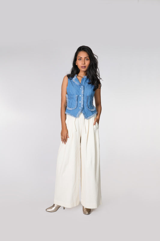 DENIM LACE WAISTCOAT & POWER PLEATED PANTS